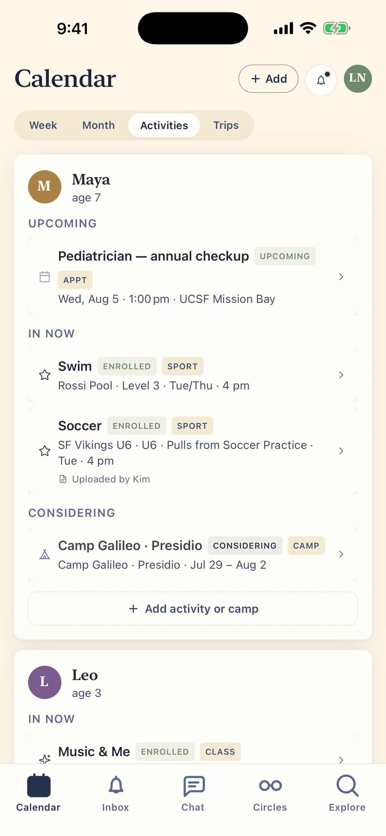 PlanAlong Activities view listing each kid’s enrolled classes, upcoming appointments, and camps under consideration