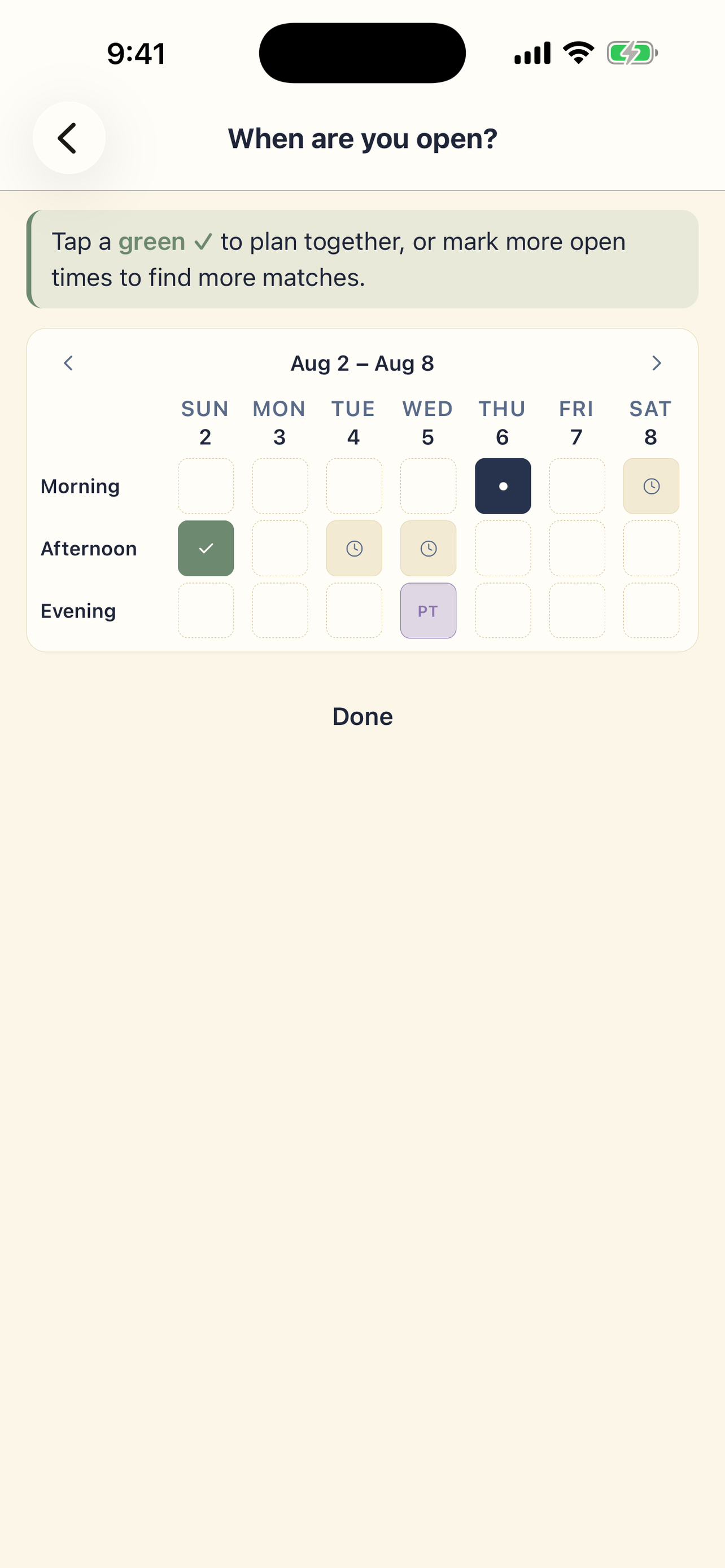 PlanAlong availability grid with your open slots and pals’ overlapping free times