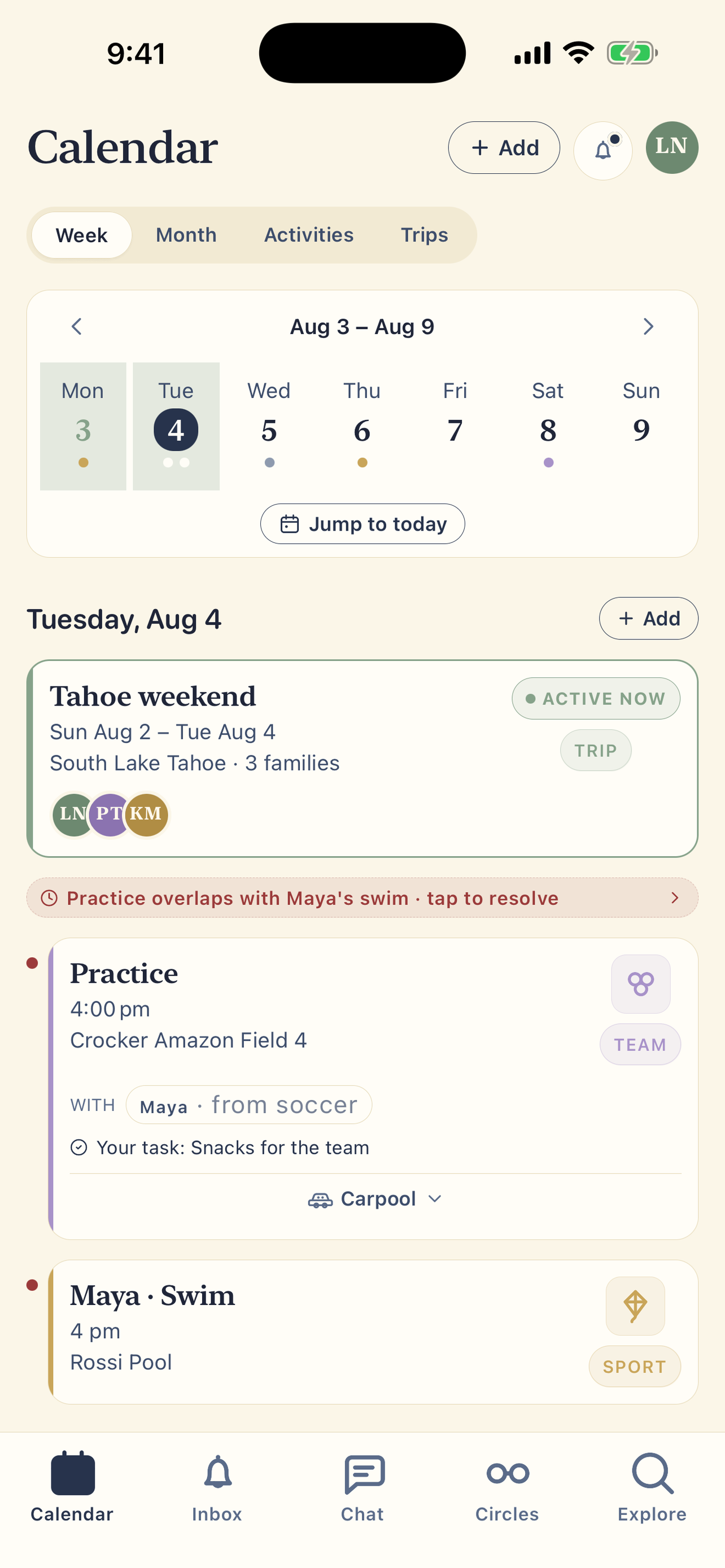 PlanAlong Calendar screen showing one shared family week