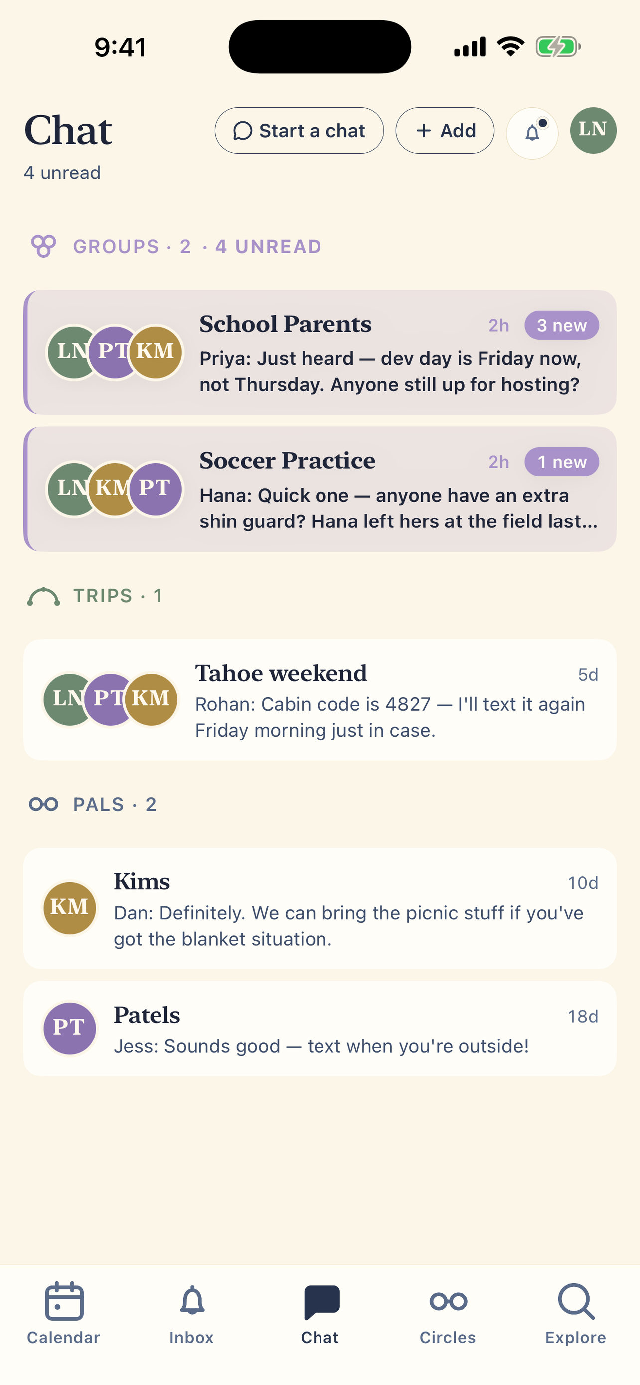 PlanAlong Chat screen with group, trip and pal threads