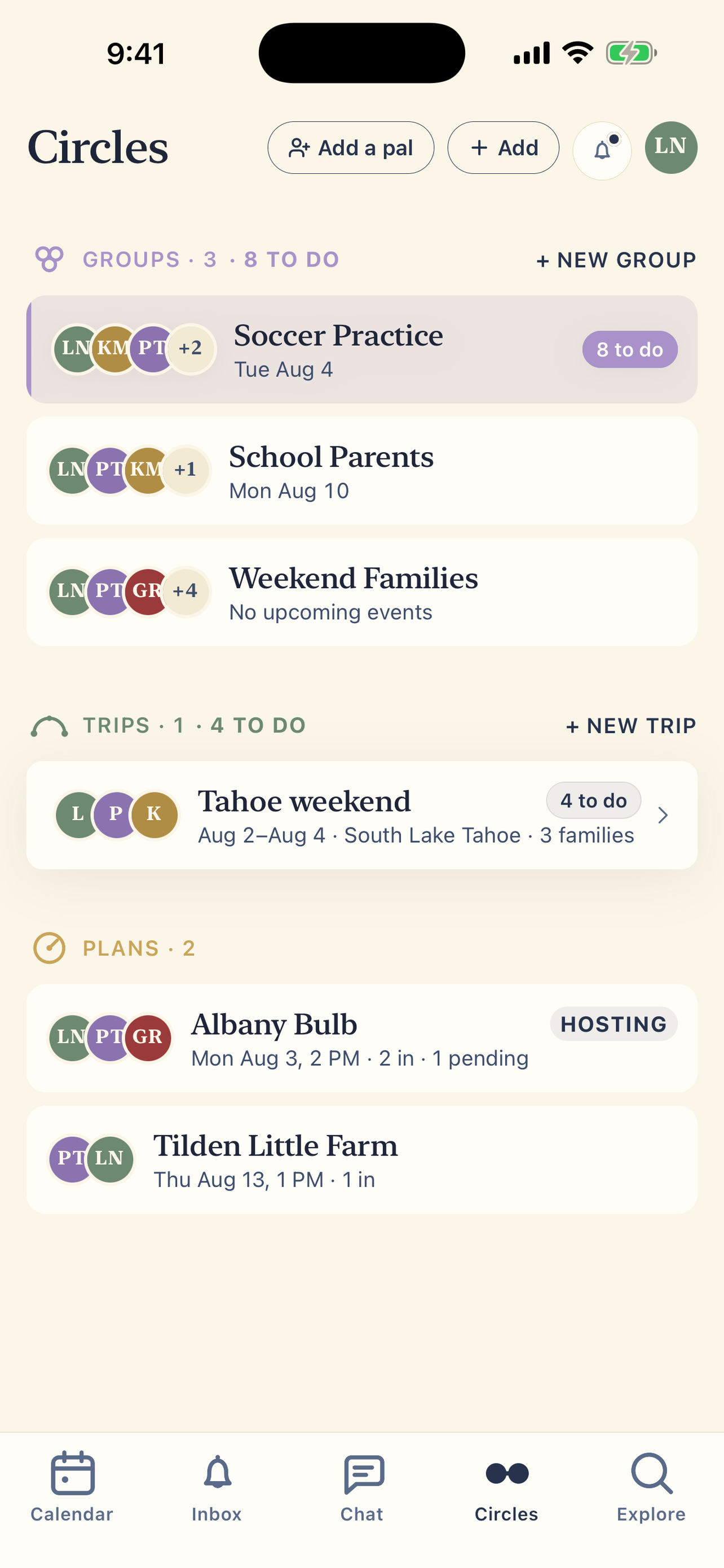 PlanAlong Circles screen with groups, a group trip, plans, and an Add a pal button