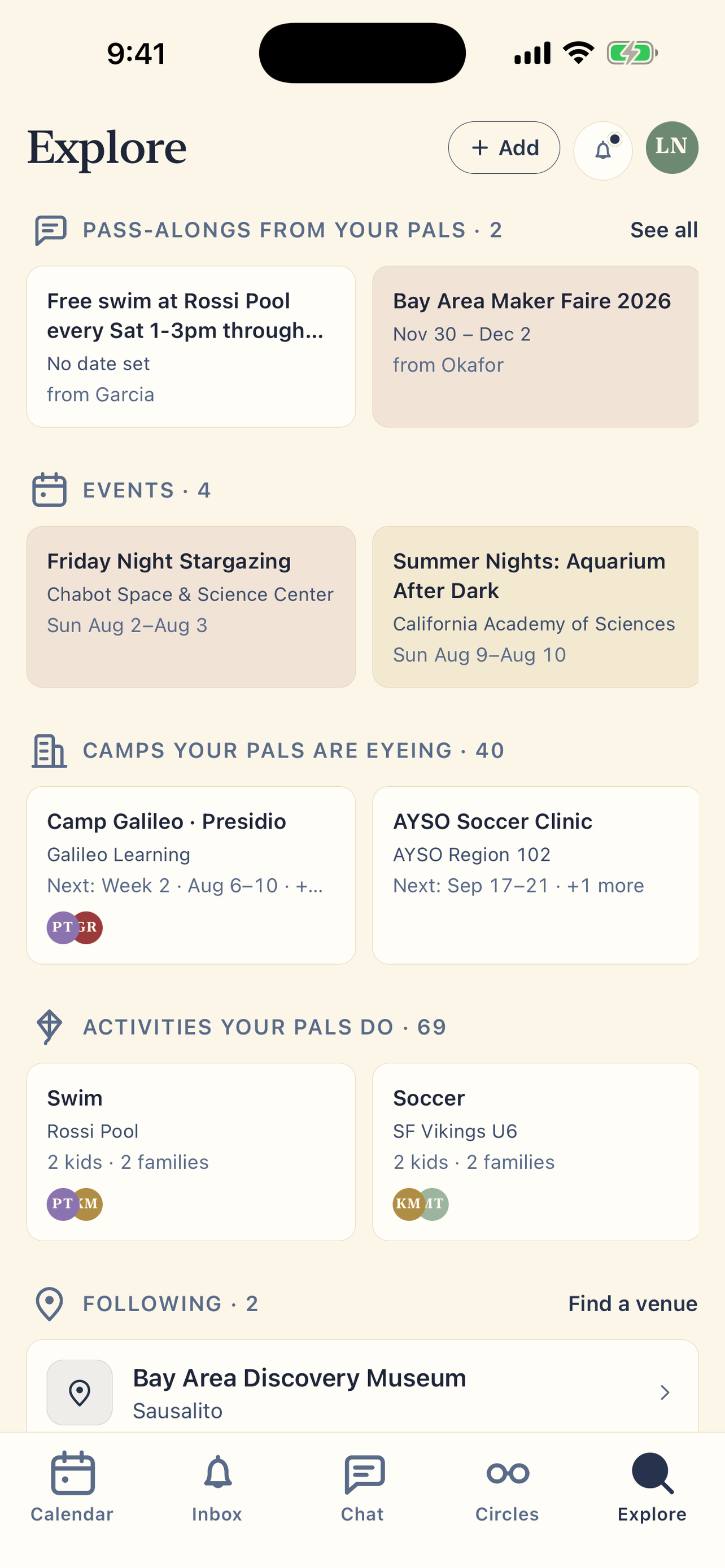 PlanAlong Explore screen showing pass-alongs from pals, camps your pals are eyeing, and activities their kids do