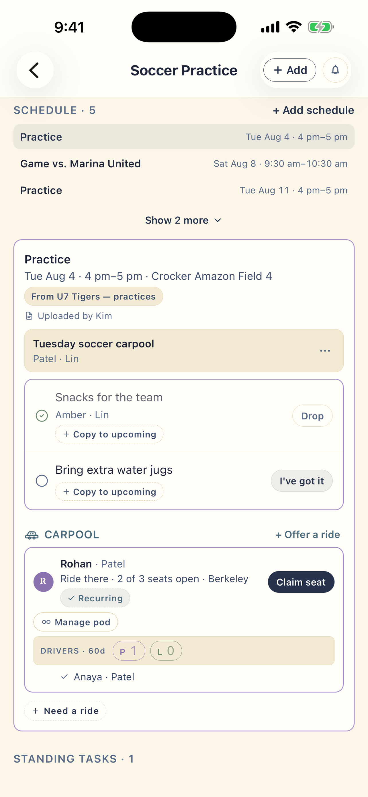 PlanAlong soccer group hub showing the practice schedule, to-dos, and a carpool pool with open seats