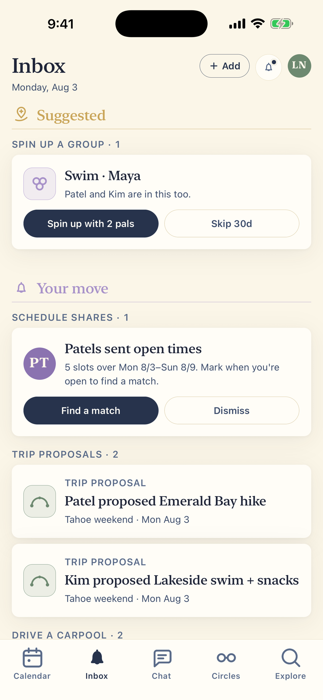 PlanAlong Inbox screen with suggested actions and proposals