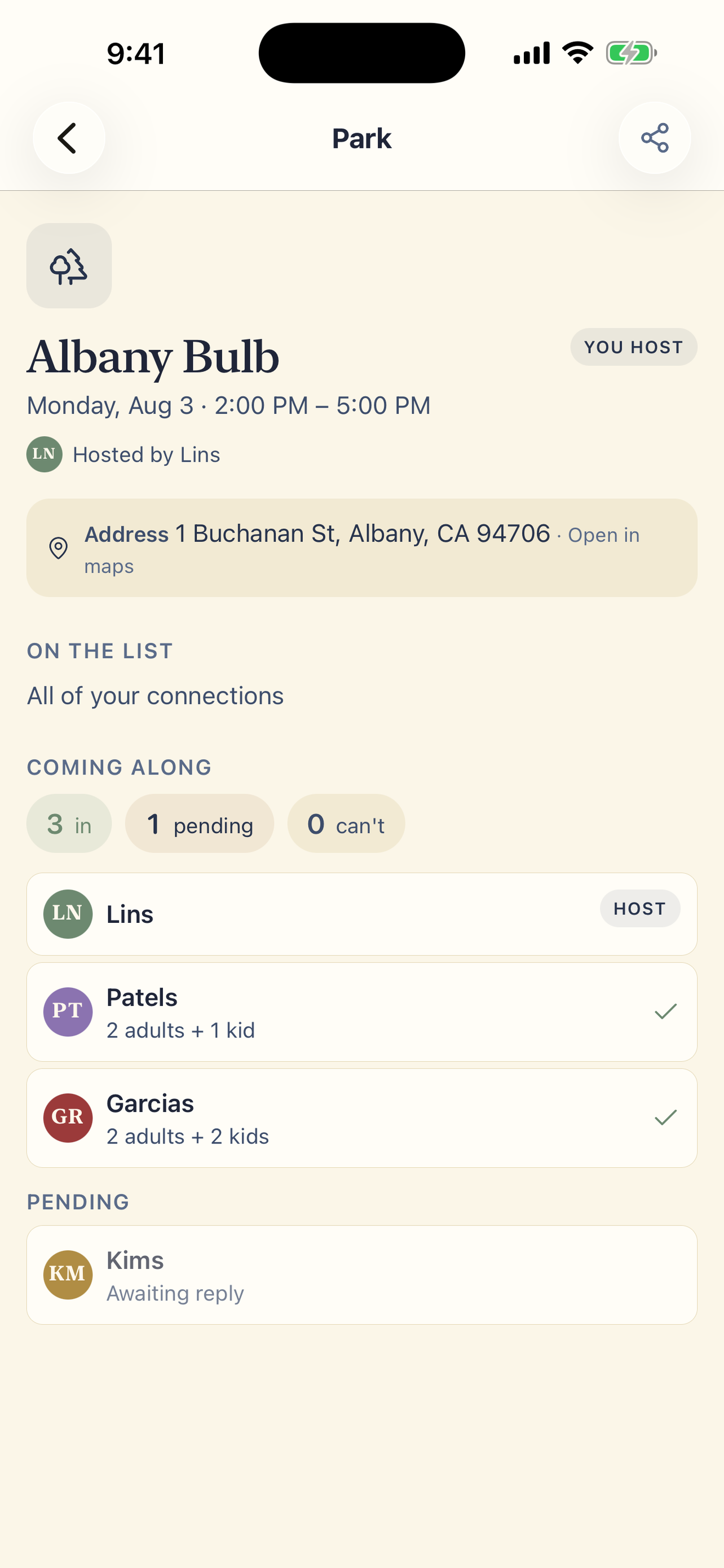 PlanAlong plan screen for a park meetup showing the guest list, RSVPs, and who is still pending