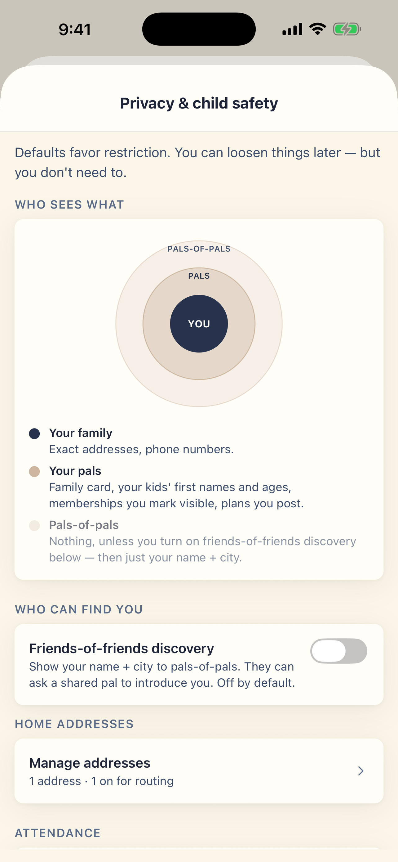 PlanAlong privacy and child safety settings showing what your family, your pals, and pals-of-pals can each see