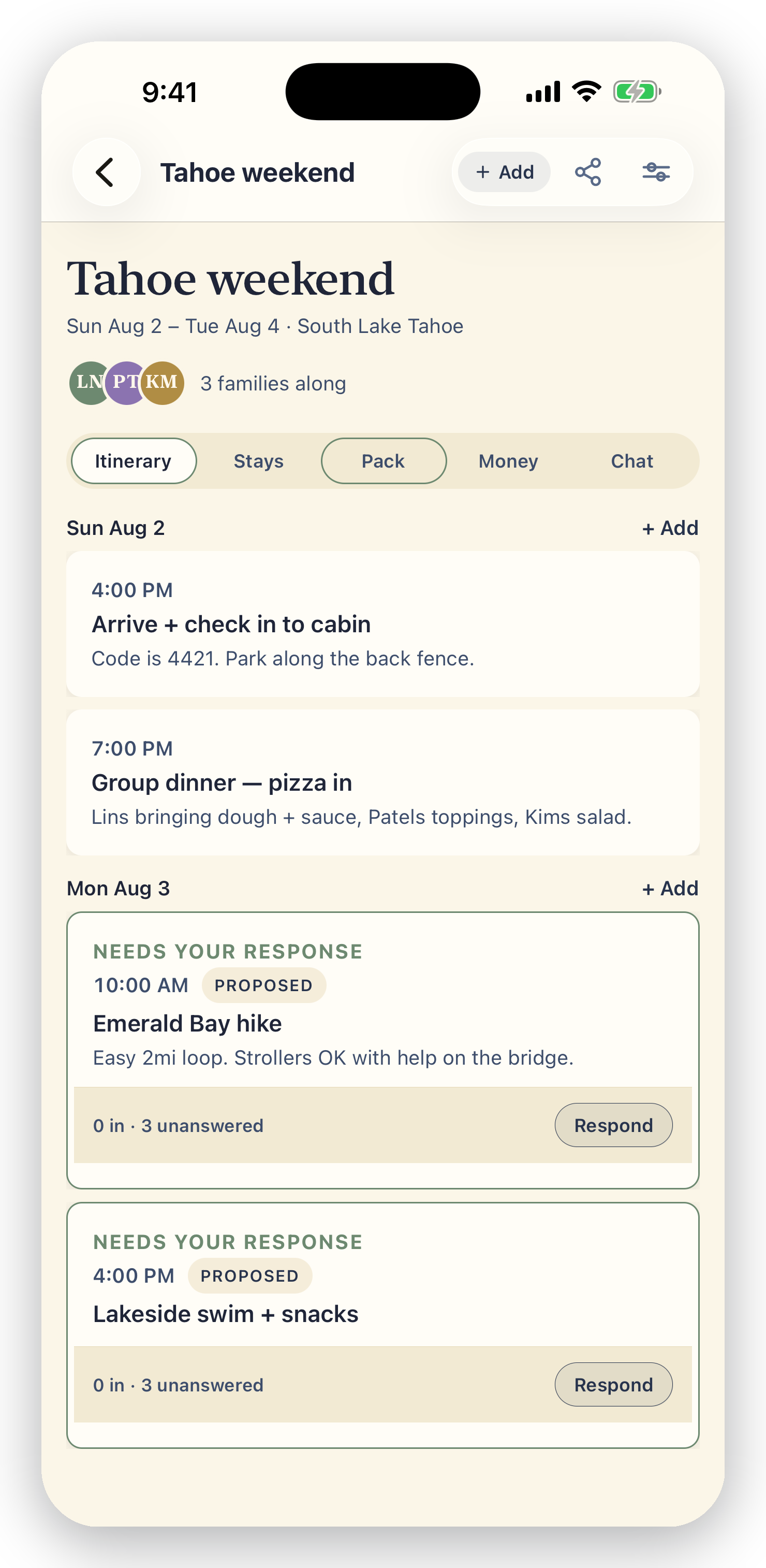 PlanAlong trip workspace — a shared itinerary with proposed plans and RSVPs