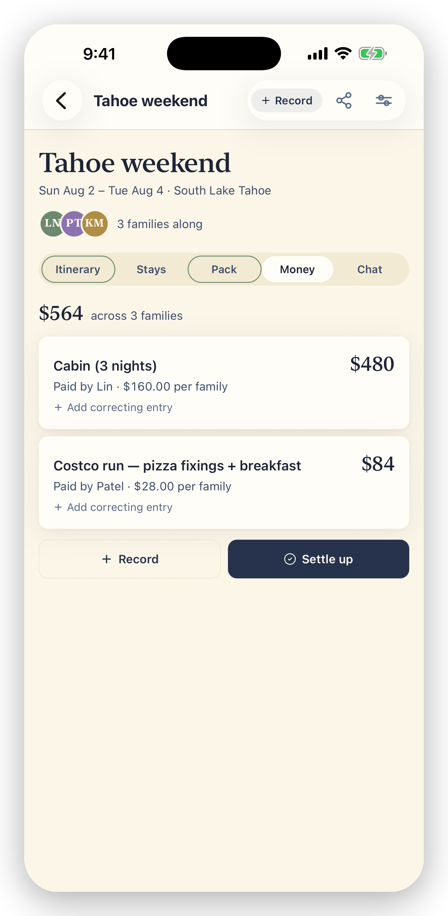 planalong trip Money tab in the app