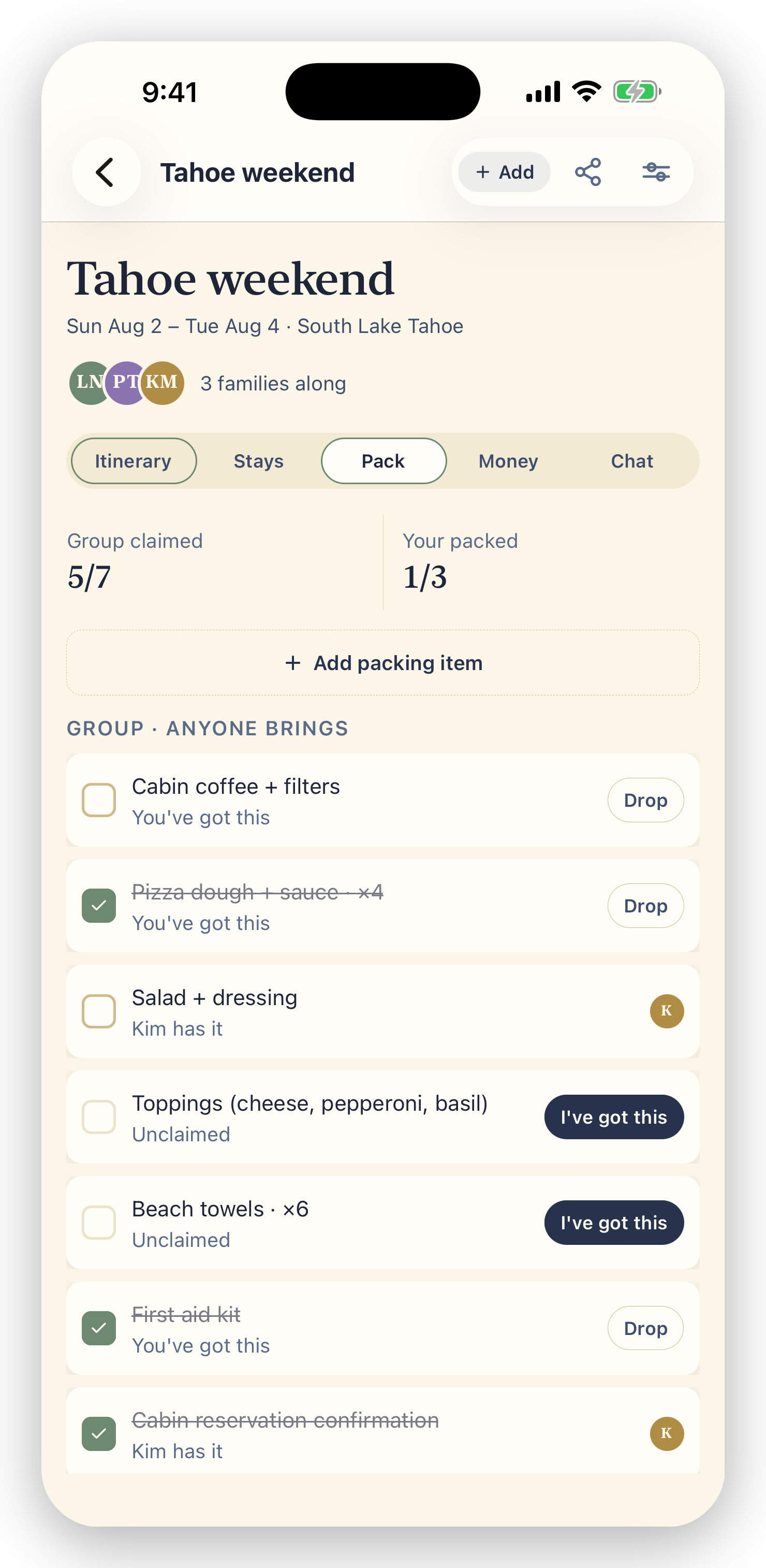 planalong trip Packing tab in the app