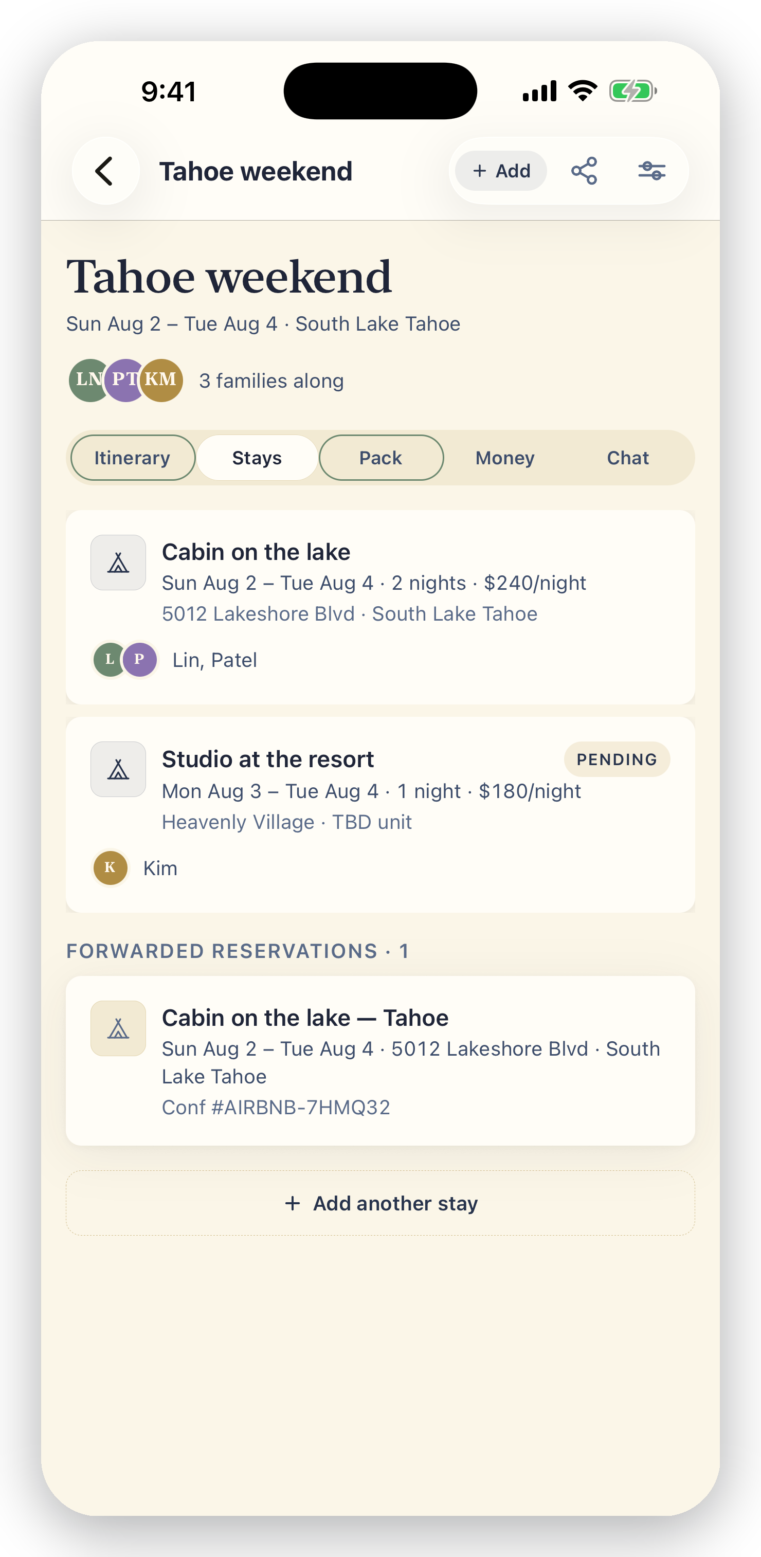 planalong trip Stays tab in the app