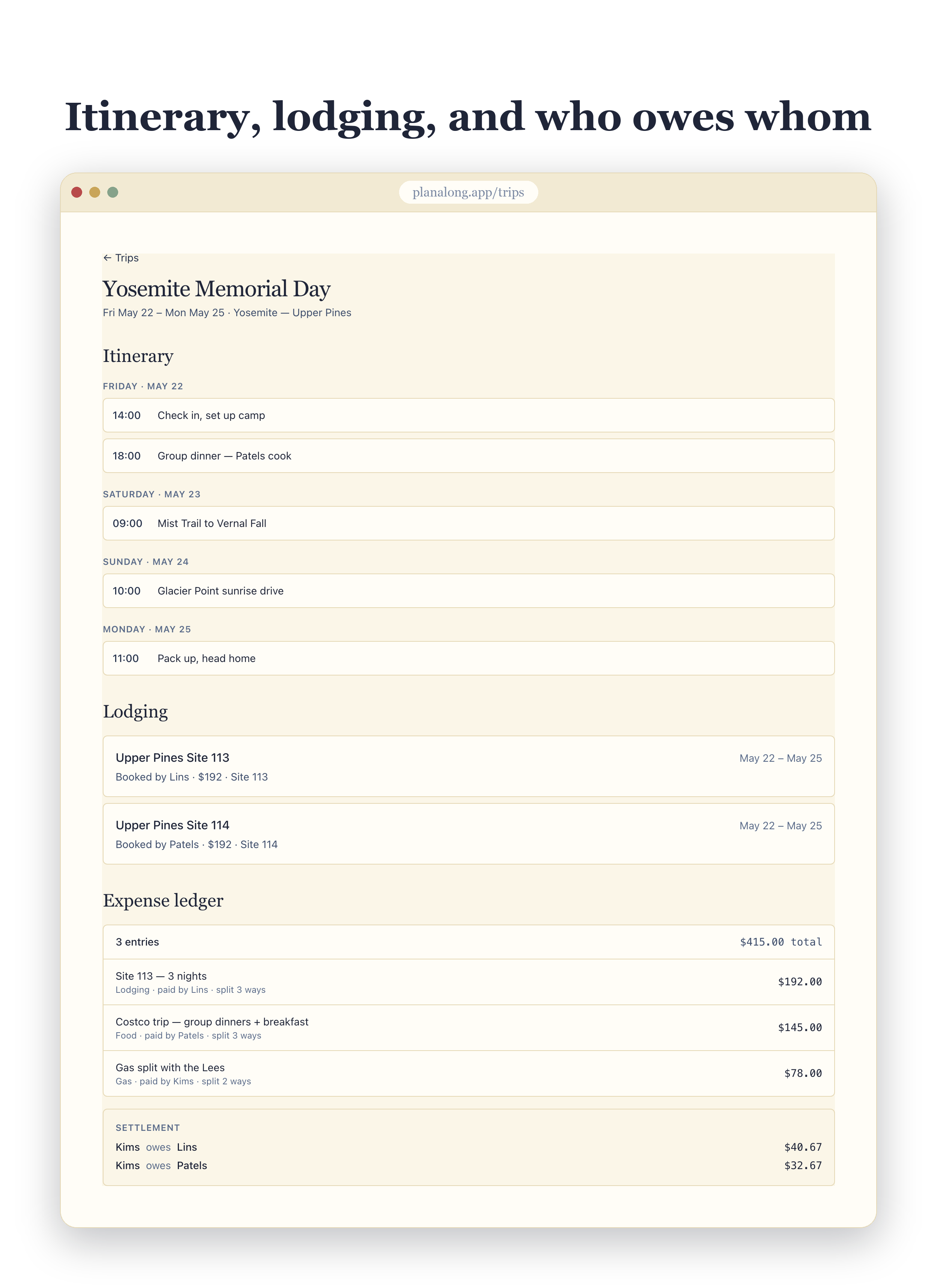 planalong trips view on the web — itinerary, lodging, and an expense ledger with settle-up